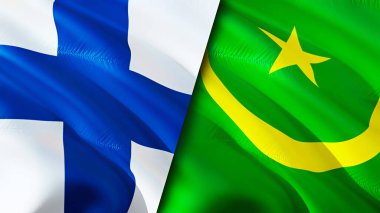 Finlandiya ve Moritanya bayrakları. 3 boyutlu dalgalanan bayrak tasarımı. Finlandiya Moritanya bayrağı, resim, duvar kağıdı. Finlandiya, Moritanya 'ya karşı, görüntü 3D. Finlandiya Moritanya ilişkileri ittifakı