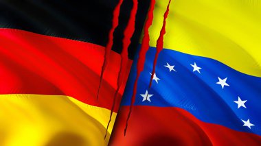Almanya ve Venezuela yara izi kavramına sahip bayraklar. Dalgalanan bayrak, 3 boyutlu görüntüleme. Almanya ve Venezuela çatışma konsepti. Almanya Venezuela ilişkileri kavramı. Almanya bayrağı ve Venezuela krizi, savaş, attac