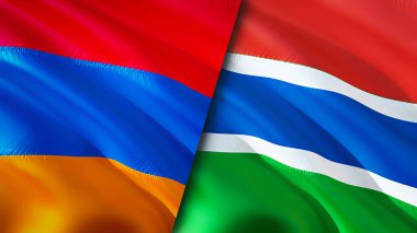 Ermenistan ve Gambiya bayrakları. 3 boyutlu dalgalanan bayrak tasarımı. Ermenistan Gambiya bayrağı, resim, duvar kağıdı. Ermenistan Gambiya 'ya karşı, görüntü 3 boyutlu. Ermenistan Gambiya ilişkileri ittifak ve ticaret, seyahat ve turizm