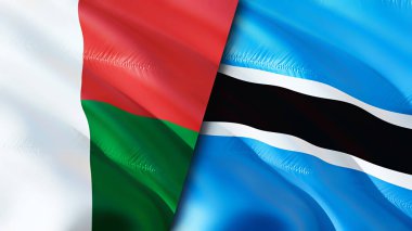 Madagaskar ve Botswana bayrakları. 3 boyutlu dalgalanan bayrak tasarımı. Madagaskar Botswana bayrağı, resim, duvar kağıdı. Madagaskar, Botswana 'ya karşı, görüntü 3 boyutlu. Madagaskar Botswana ilişkileri bir ittifak
