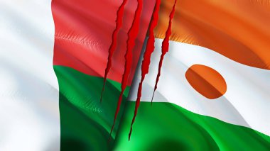 Yara izi olan Madagaskar ve Nijer bayrakları. Dalgalanan bayrak, 3 boyutlu görüntüleme. Madagaskar ve Nijer çatışması konsepti. Madagaskar Nijer ilişkileri kavramı. Madagaskar bayrağı ve Nijer krizi, savaş, attac