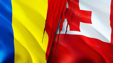 Romanya ve Tonga yara izi kavramına sahip bayraklar. Dalgalanan bayrak, 3 boyutlu görüntüleme. Romanya ve Tonga çatışma konsepti. Romanya Tonga ilişkileri kavramı. Romanya ve Tonga krizi bayrağı, savaş, saldırı konsepti