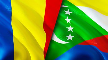 Romanya ve Comoros yara izi kavramına sahip bayraklar. Dalgalanan bayrak, 3 boyutlu görüntüleme. Romanya ve Comoros çatışma konsepti. Romanya Komoros ilişkileri kavramı. Romanya bayrağı ve Komoros krizi, savaş, saldırı konsepti