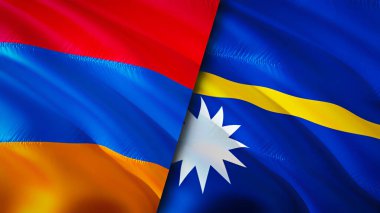 Ermenistan ve Nauru bayrakları. 3 boyutlu dalgalanan bayrak tasarımı. Ermenistan Nauru bayrağı, resim, duvar kağıdı. Ermenistan, Nauru imajına karşı, 3D görüntüleme. Ermenistan Nauru ilişkileri ittifak ve ticaret, seyahat, turizm konsepti