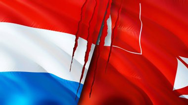 Lüksemburg, Wallis ve yara izi olan Futuna bayrakları. Dalgalanan bayrak, 3 boyutlu görüntüleme. Lüksemburg, Wallis ve Futuna çatışma konsepti. Lüksemburg Wallis ve Futuna ilişkileri kavramı. bayrak o