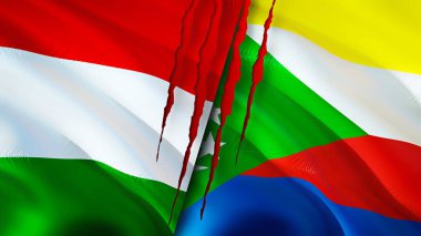 Macaristan ve Komoros bayraklarında yara izi var. Dalgalanan bayrak, 3 boyutlu görüntüleme. Macaristan ve Komoros çatışma konsepti. Macaristan Komoros ilişkileri kavramı. Macaristan ve Komoros bayrağı krizi, savaş, saldırı konsepti