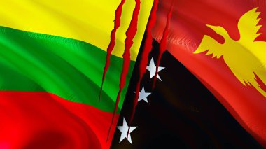 Yara izi olan Litvanya ve Papua Yeni Gine bayrakları. Dalgalanan bayrak, 3 boyutlu görüntüleme. Litvanya ve Papua Yeni Gine çatışması konsepti. Litvanya Papua Yeni Gine ilişkileri kavramı. Litvanya bayrağı