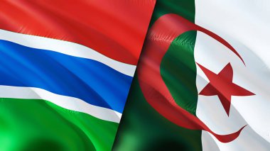 Gambiya ve Cezayir bayrakları. 3 boyutlu dalgalanan bayrak tasarımı. Gambiya Cezayir bayrağı, resim, duvar kağıdı. Gambiya, Cezayir 'e karşı. Görüntü 3 boyutlu. Gambiya Cezayir ilişkileri ittifak ve ticaret, seyahat, turizm konsepti