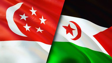 Singapur ve Batı Sahra bayrakları. 3 boyutlu dalgalanan bayrak tasarımı. Singapur Batı Sahra bayrağı, resim, duvar kağıdı. Singapur, Batı Sahra 'ya karşı, görüntü 3 boyutlu. Singapur Batı Sahra ilişkisi
