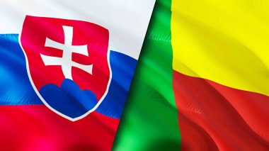 Slovakya ve Benin bayrakları. 3 boyutlu dalgalanan bayrak tasarımı. Slovakya Benin bayrağı, resim, duvar kağıdı. Slovakya, Benin imajına karşı, 3D görüntüleme. Slovakya Benin ilişkileri ittifak ve ticaret, seyahat, turizm konsepti