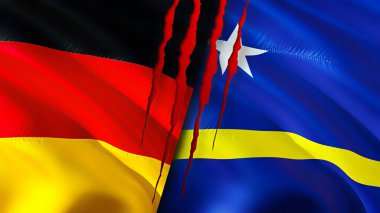 Almanya ve Curacao bayraklarında yara izi var. Dalgalanan bayrak, 3 boyutlu görüntüleme. Almanya ve Curacao çatışma konsepti. Almanya Curacao ilişkileri kavramı. Almanya bayrağı ve Curacao krizi, savaş, saldırı konsepti
