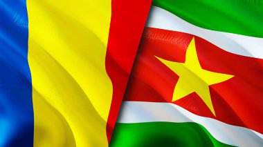 Romanya ve Surinam bayrakları. 3 boyutlu dalgalanan bayrak tasarımı. Romanya Surinam bayrağı, resim, duvar kağıdı. Romanya Surinam 'a karşı, görüntü 3 boyutlu. Romanya İlişkiler İttifak ve Ticaret, Seyahat, Turnuva Suriname