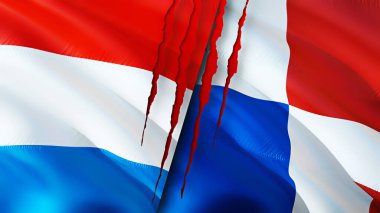 Yara izi olan Lüksemburg ve Panama bayrakları. Dalgalanan bayrak, 3 boyutlu görüntüleme. Lüksemburg ve Panama çatışma konsepti. Lüksemburg Panama ilişkileri kavramı. Lüksemburg bayrağı ve Panama krizi, savaş, attac