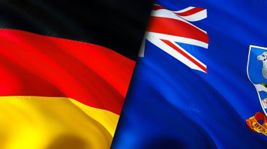 Almanya ve Falkland Adaları bayrakları. 3 boyutlu dalgalanan bayrak tasarımı. Almanya Falkland Adaları bayrağı, resim, duvar kağıdı. Almanya, Falkland Adaları 'na karşı. Görüntü 3D. Almanya Falkland Adaları ilişkileri