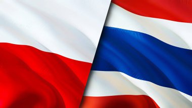 Polonya ve Tayland bayrakları. 3 boyutlu dalgalanan bayrak tasarımı. Polonya Tayland bayrağı, resim, duvar kağıdı. Polonya, Tayland 'a karşı, görüntü 3 boyutlu. Polonya-Tayland ilişkileri ittifak ve ticaret, seyahat, turizm konsepti