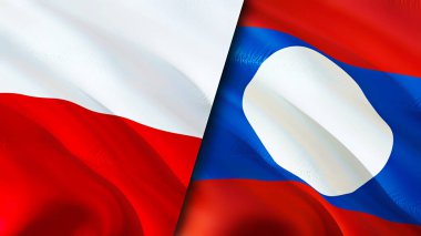 Polonya ve Laos bayrakları. 3 boyutlu dalgalanan bayrak tasarımı. Polonya Laos bayrağı, resim, duvar kağıdı. Polonya, Laos 'a karşı, görüntü 3D. Polonya ile ilişkiler, ittifak ve ticaret, seyahat ve turizm kavramları