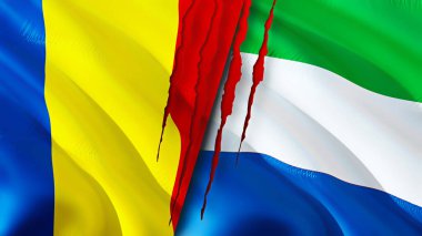 Romanya ve Sierra Leone yara izi kavramına sahip bayraklar. Dalgalanan bayrak, 3 boyutlu görüntüleme. Romanya ve Sierra Leone çatışma konsepti. Romanya Sierra Leone ilişkileri kavramı. Romanya ve Sierra Leon bayrağı