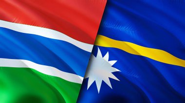 Gambiya ve Nauru bayrakları. 3 boyutlu dalgalanan bayrak tasarımı. Gambiya Nauru bayrağı, resim, duvar kağıdı. Gambiya, Nauru 'ya karşı, görüntü 3 boyutlu. Gambiya Nauru ilişkileri ittifak ve ticaret, seyahat, turizm konsepti