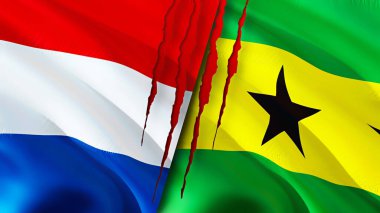 Hollanda ve Sao Tome ve Principe bayrakları yara izi konseptiyle. Dalgalanan bayrak, 3 boyutlu görüntüleme. Hollanda ve Sao Tome ve Principe çatışma konsepti. Hollanda Sao Tome ve Principe ilişkileri kavramı