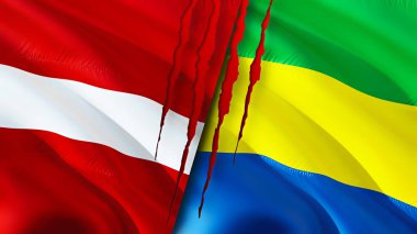 Letonya ve Gabon yara izi olan bayraklar. Dalgalanan bayrak, 3 boyutlu görüntüleme. Letonya ve Gabon çatışma konsepti. Letonya Gabon ilişkileri kavramı. Letonya ve Gabon bayrağı krizi, savaş, saldırı konsepti