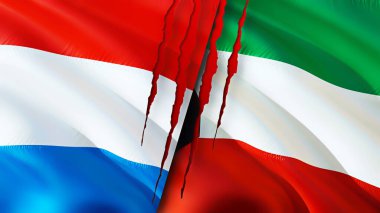 Lüksemburg ve Kuveyt bayrakları yara izi konseptiyle. Dalgalanan bayrak, 3 boyutlu görüntüleme. Lüksemburg ve Kuveyt çatışma konsepti. Lüksemburg Kuveyt ilişkileri kavramı. Lüksemburg bayrağı ve Kuveyt krizi, savaş, attac