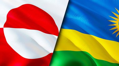 Grönland ve Ruanda bayrakları. 3 boyutlu dalgalanan bayrak tasarımı. Grönland Ruanda bayrağı, resim, duvar kağıdı. Grönland, Ruanda 'ya karşı, görüntü 3D. Grönland Ruanda ilişkileri ittifak ve ticaret, seyahat, turnuva