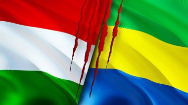 Macaristan ve Gabon yara izi olan bayraklar. Dalgalanan bayrak, 3 boyutlu görüntüleme. Macaristan ve Gabon çatışma konsepti. Macaristan Gabon ilişkileri kavramı. Macaristan ve Gabon bayrağı krizi, savaş, saldırı konsepti