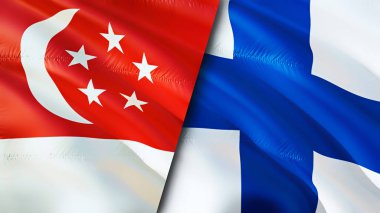 Singapur ve Finlandiya bayrakları. 3 boyutlu dalgalanan bayrak tasarımı. Singapur Finlandiya bayrağı, resim, duvar kağıdı. Singapur, Finlandiya 'ya karşı imaj, 3D görüntüleme. Singapur Finlandiya ilişkileri ittifak ve ticaret, seyahat, turnuva