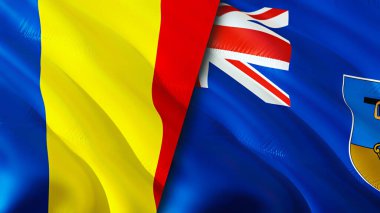 Romanya ve Montserrat bayrakları. 3 boyutlu dalgalanan bayrak tasarımı. Romanya Montserrat bayrağı, resim, duvar kağıdı. Romanya, Montserrat 'a karşı, görüntü 3D. Romanya Montserrat ilişkileri ittifakı