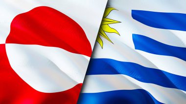 Grönland ve Uruguay bayrakları. 3 boyutlu dalgalanan bayrak tasarımı. Grönland Uruguay bayrağı, resim, duvar kağıdı. Grönland, Uruguay 'a karşı, görüntü 3 boyutlu. Grönland Uruguay ilişkileri ittifak ve ticaret, seyahat, turnuva