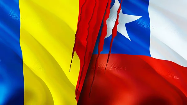Romania and Chile flags with scar concept. Waving flag,3D rendering. Romania and Chile conflict concept. Romania Chile relations concept. flag of Romania and Chile crisis,war, attack concep