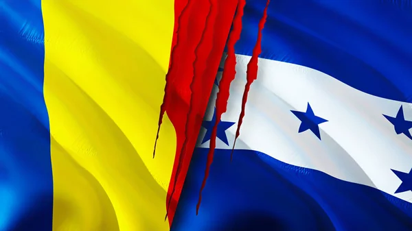 Romania and Honduras flags with scar concept. Waving flag,3D rendering. Romania and Honduras conflict concept. Romania Honduras relations concept. flag of Romania and Honduras crisis,war, attac