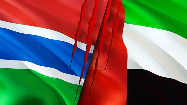 Gambia and United Arab Emirates flags with scar concept. Waving flag,3D rendering. Gambia and United Arab Emirates conflict concept. Gambia United Arab Emirates relations concept. flag of Gambia an