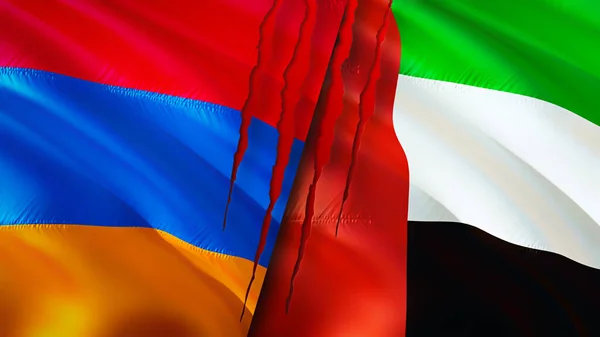 Armenia and United Arab Emirates flags with scar concept. Waving flag,3D rendering. Armenia and United Arab Emirates conflict concept. Armenia United Arab Emirates relations concept. flag of Armeni