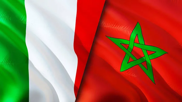 Italy and Morocco flags. 3D Waving flag design. Italy Morocco flag, picture, wallpaper. Italy vs Morocco image,3D rendering. Italy Morocco relations alliance and Trade,travel,tourism concep