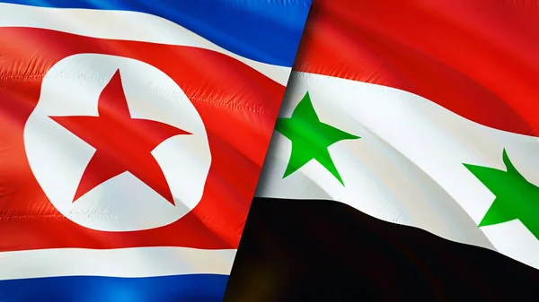 North Korea and Syria flags. 3D Waving flag design. North Korea Syria flag, picture, wallpaper. North Korea vs Syria image,3D rendering. North Korea Syria relations alliance and Trade,travel,touris