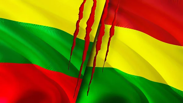 Lithuania and Bolivia flags with scar concept. Waving flag,3D rendering. Lithuania and Bolivia conflict concept. Lithuania Bolivia relations concept. flag of Lithuania and Bolivia crisis,war, attac