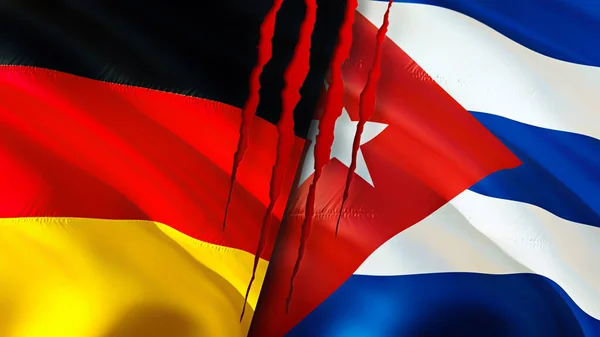 Germany and Cuba flags with scar concept. Waving flag,3D rendering. Germany and Cuba conflict concept. Germany Cuba relations concept. flag of Germany and Cuba crisis,war, attack concep