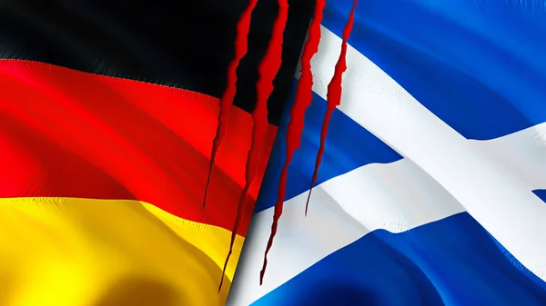 Germany and Scotland flags with scar concept. Waving flag,3D rendering. Germany and Scotland conflict concept. Germany Scotland relations concept. flag of Germany and Scotland crisis,war, attac