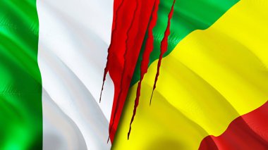 İtalya ve Kongo yara izi olan bayraklar. Dalgalanan bayrak, 3 boyutlu görüntüleme. İtalya ve Kongo çatışma konsepti. İtalya Kongo ilişkileri kavramı. İtalya ve Kongo bayrağı krizi, savaş, saldırı konsepti