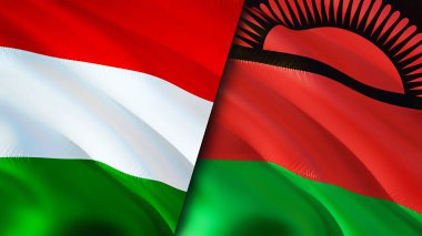 Macaristan ve Malavi bayrakları. 3 boyutlu dalgalanan bayrak tasarımı. Macaristan Malawi bayrağı, resim, duvar kağıdı. Macaristan, Malawi 'ye karşı, görüntü 3 boyutlu. Macaristan Malavi ilişkileri ittifak ve ticaret, seyahat, turizm konsepti