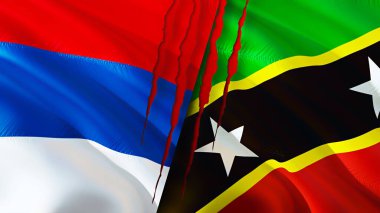 Sırbistan ve Saint Kitts ve Nevis yara izi kavramına sahip bayraklar. Dalgalanan bayrak, 3 boyutlu görüntüleme. Sırbistan ve Saint Kitts ve Nevis ihtilaf kavramı. Sırbistan Saint Kitts ve Nevis ilişkileri kavramı. Serbi bayrağı