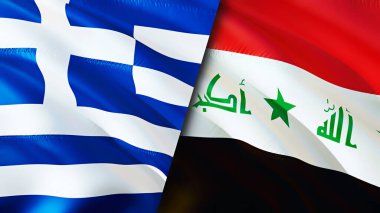 Yunanistan ve Irak bayrakları. 3 boyutlu dalgalanan bayrak tasarımı. Yunanistan Irak bayrağı, resim, duvar kağıdı. Yunanistan Irak 'a karşı, görüntü 3D. Yunanistan Irak ilişkileri ittifak ve ticaret, seyahat ve turizm konsepti