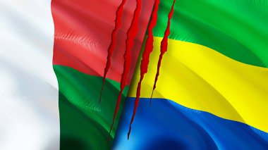 Madagaskar ve Gabon yara izi olan bayraklar. Dalgalanan bayrak, 3 boyutlu görüntüleme. Madagaskar ve Gabon çatışma konsepti. Madagaskar Gabon ilişkileri kavramı. Madagaskar bayrağı ve Gabon krizi, savaş, attac