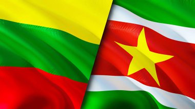 Litvanya ve Surinam bayrakları. 3 boyutlu dalgalanan bayrak tasarımı. Litvanya Surinam bayrağı, resim, duvar kağıdı. Litvanya Surinam 'a karşı, görüntü 3 boyutlu. Litvanya Surinam ilişkileri ittifakı