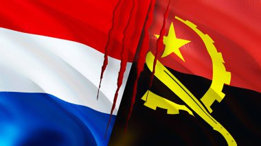 Hollanda ve Angola bayrakları yara izi konseptiyle. Dalgalanan bayrak, 3 boyutlu görüntüleme. Hollanda ve Angola çatışma konsepti. Hollanda Angola ilişkileri kavramı. Hollanda bayrağı ve Angola krizi, savaş