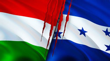 Yara izi olan Macaristan ve Honduras bayrakları. Dalgalanan bayrak, 3 boyutlu görüntüleme. Macaristan ve Honduras çatışma konsepti. Macaristan Honduras ilişkileri kavramı. Macaristan bayrağı ve Honduras krizi, savaş, attac