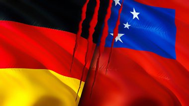 Yara izi olan Almanya ve Samoa bayrakları. Dalgalanan bayrak, 3 boyutlu görüntüleme. Almanya ve Samoa çatışma konsepti. Almanya Samoa ilişkileri kavramı. Alman bayrağı ve Samoa krizi, savaş, saldırı konsepti