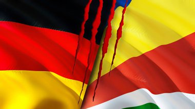 Almanya ve Seyşeller yara izi olan bayraklar. Dalgalanan bayrak, 3 boyutlu görüntüleme. Almanya ve Seyşeller çatışma konsepti. Almanya Seyşeller ilişkileri kavramı. Almanya bayrağı ve Seyşeller krizi, savaş