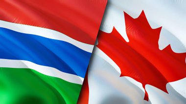 Gambiya ve Kanada bayrakları. 3 boyutlu dalgalanan bayrak tasarımı. Gambiya Kanada bayrağı, resim, duvar kağıdı. Gambiya, Kanada 'ya karşı. Görüntü 3 boyutlu. Gambiya Kanada ilişkileri ittifak ve ticaret, seyahat, turizm konsepti